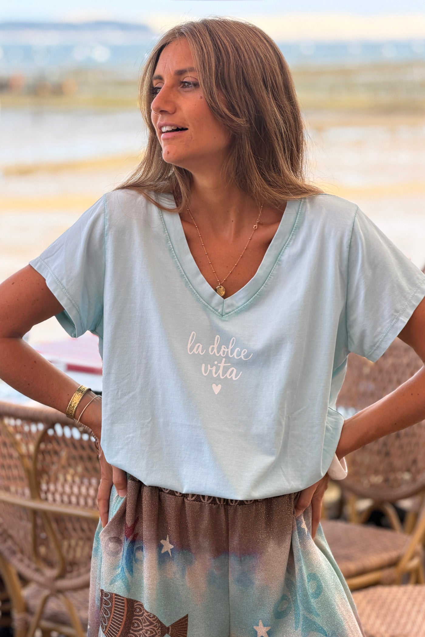 Light Green “La Dolce Vita” V-Neck Tee