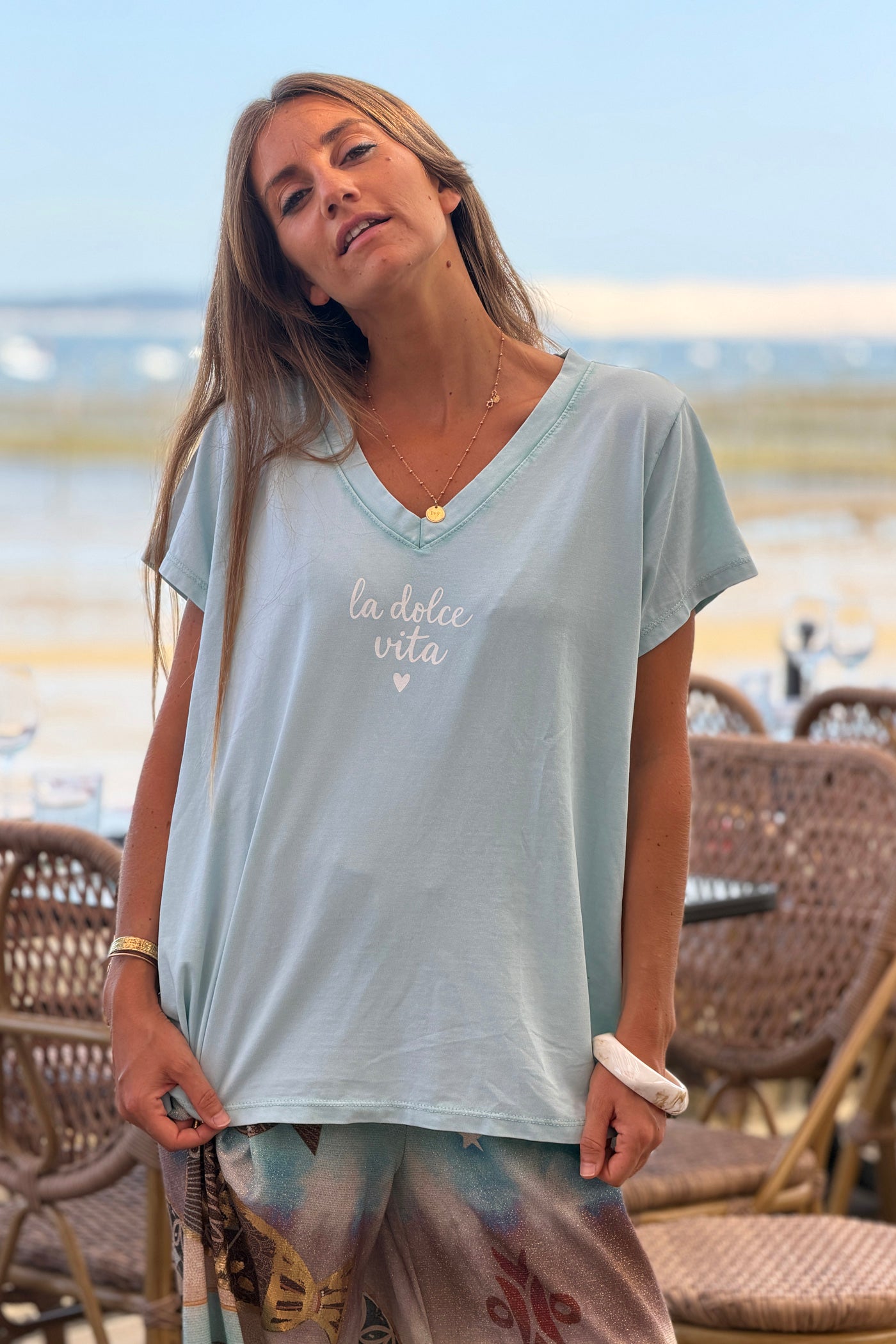 Light Green “La Dolce Vita” V-Neck Tee