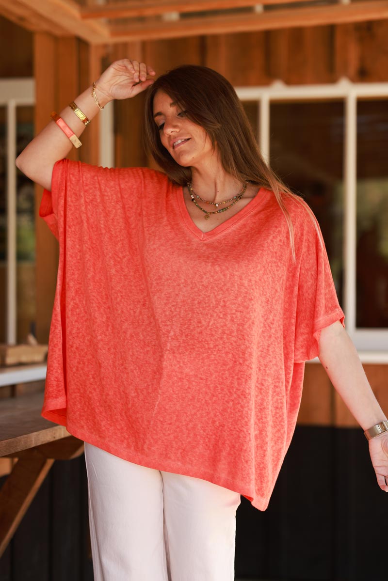 T-shirt orange délavé souple large et loose manches courtes chauve souris