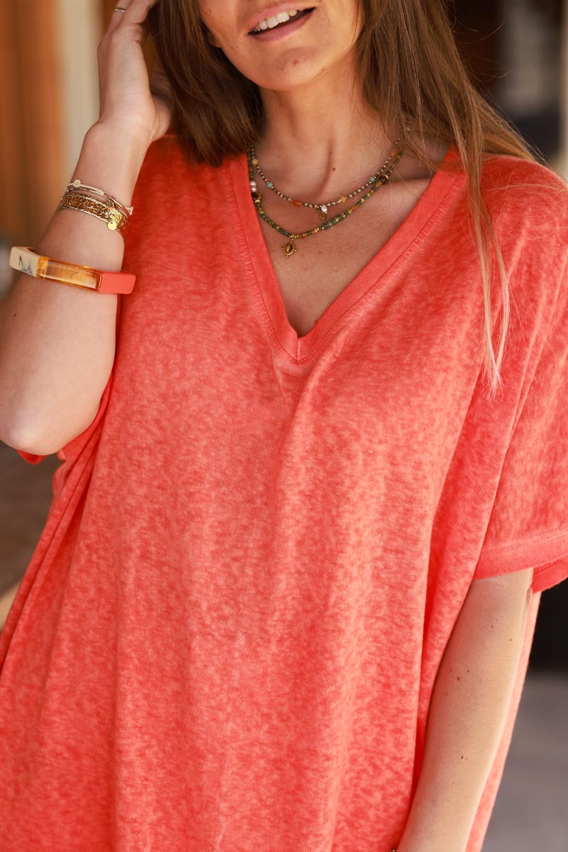 T-shirt orange délavé souple large et loose manches courtes chauve souris