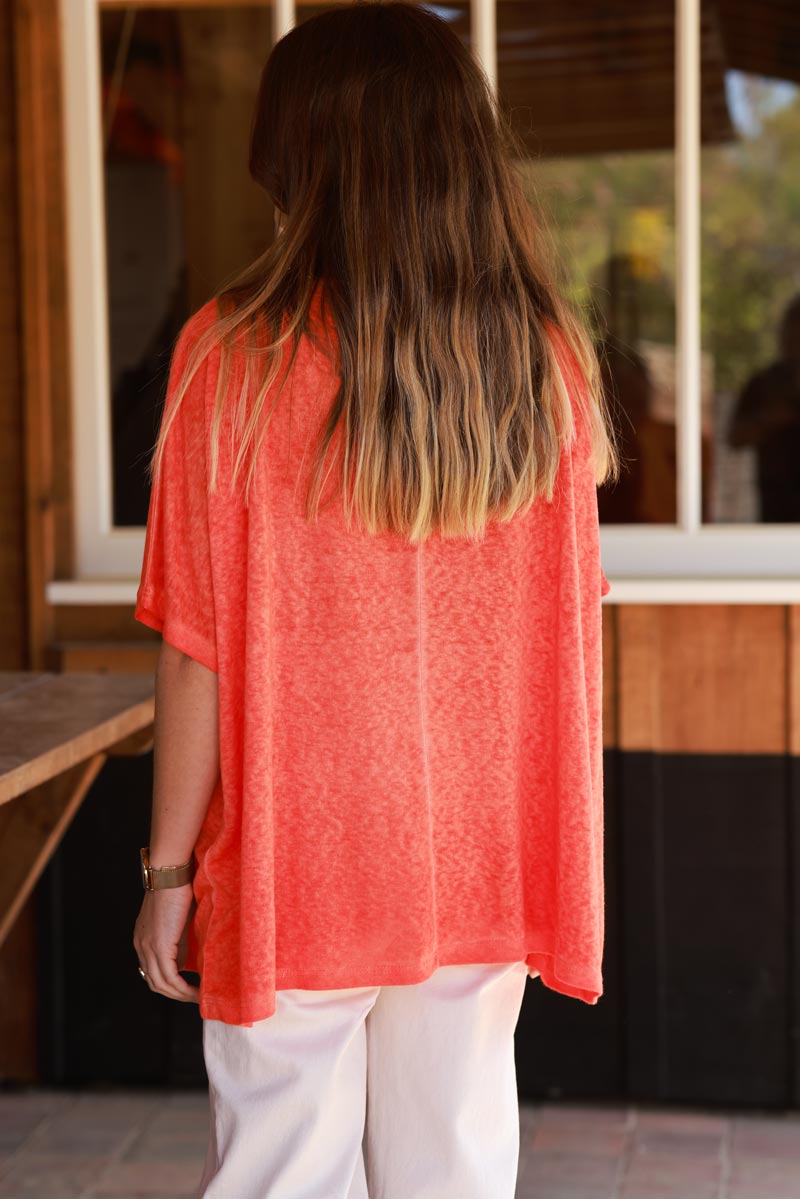 T-shirt orange délavé souple large et loose manches courtes chauve souris