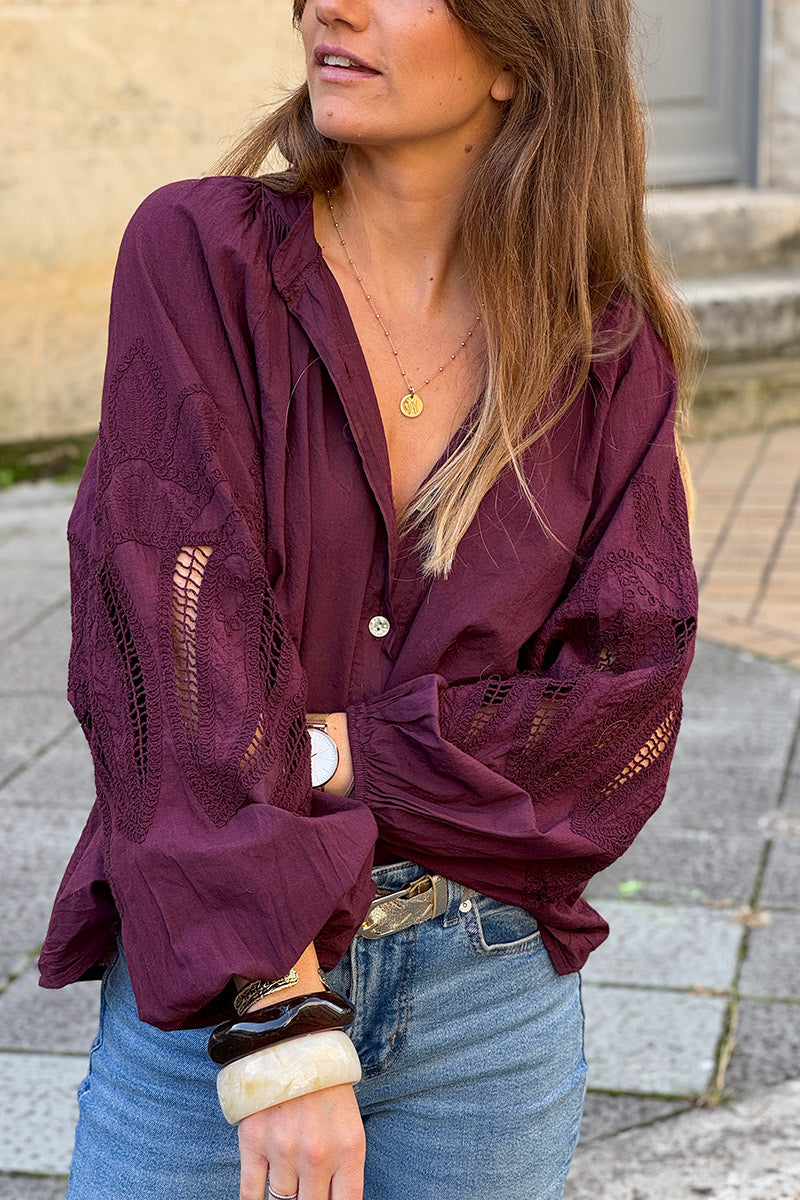 Burgundy Lotus Sleeve Poplin Blouse