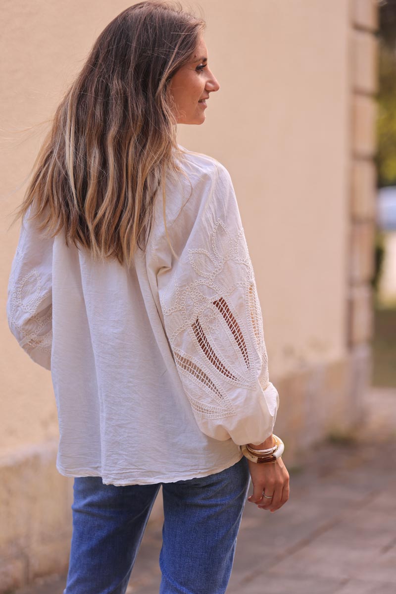 Cream Lotus Sleeve Poplin Blouse