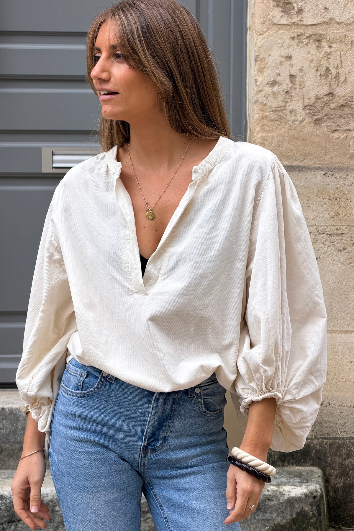 Beige Corduroy Peasant Blouse