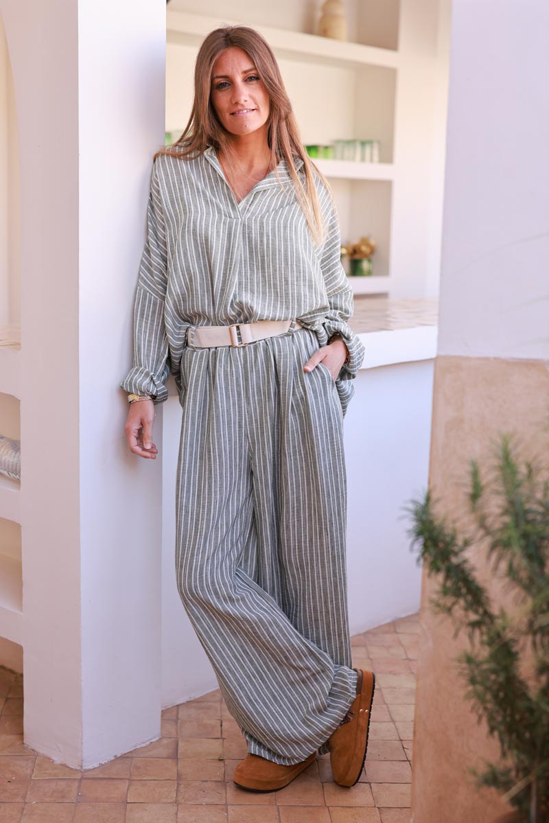 Olive Pinstripe Woven Split Neck Tunic
