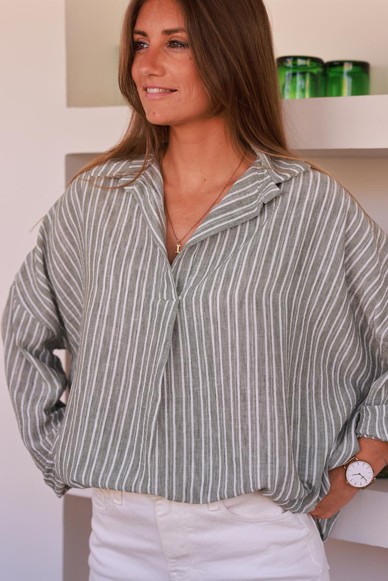 Olive Pinstripe Woven Split Neck Tunic
