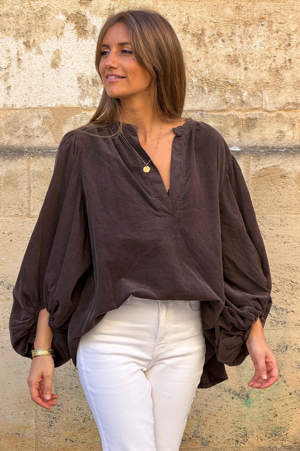 Brown Chocolate Corduroy Peasant Blouse