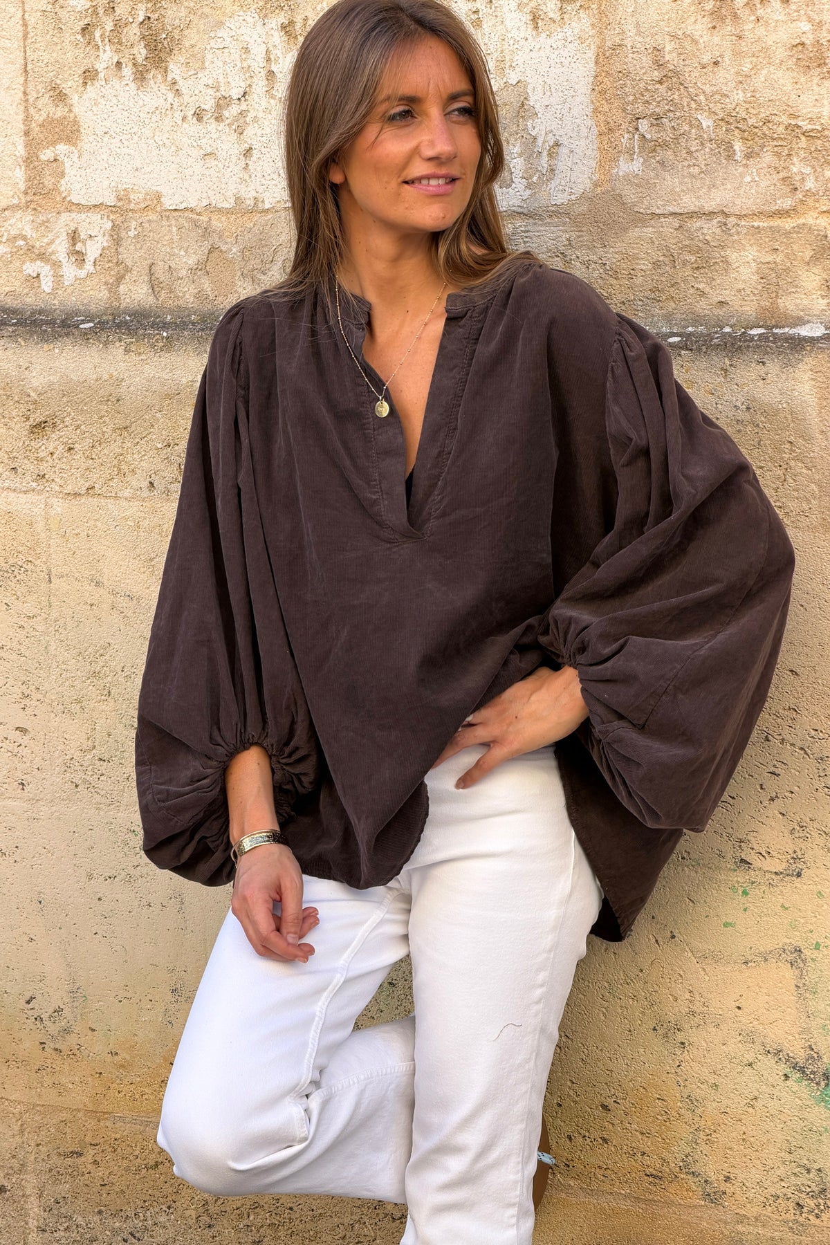 Brown Chocolate Corduroy Peasant Blouse