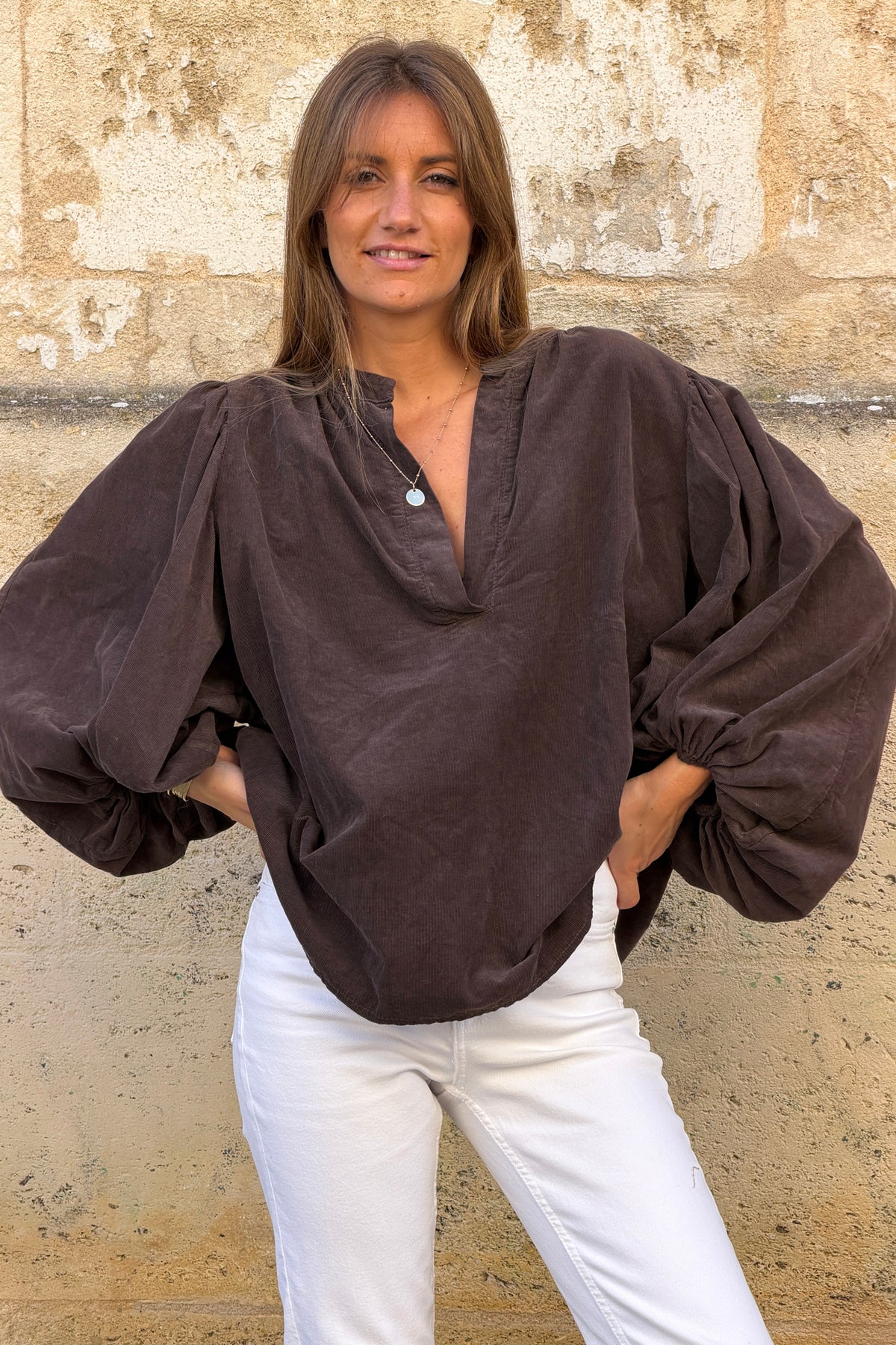 Brown Chocolate Corduroy Peasant Blouse