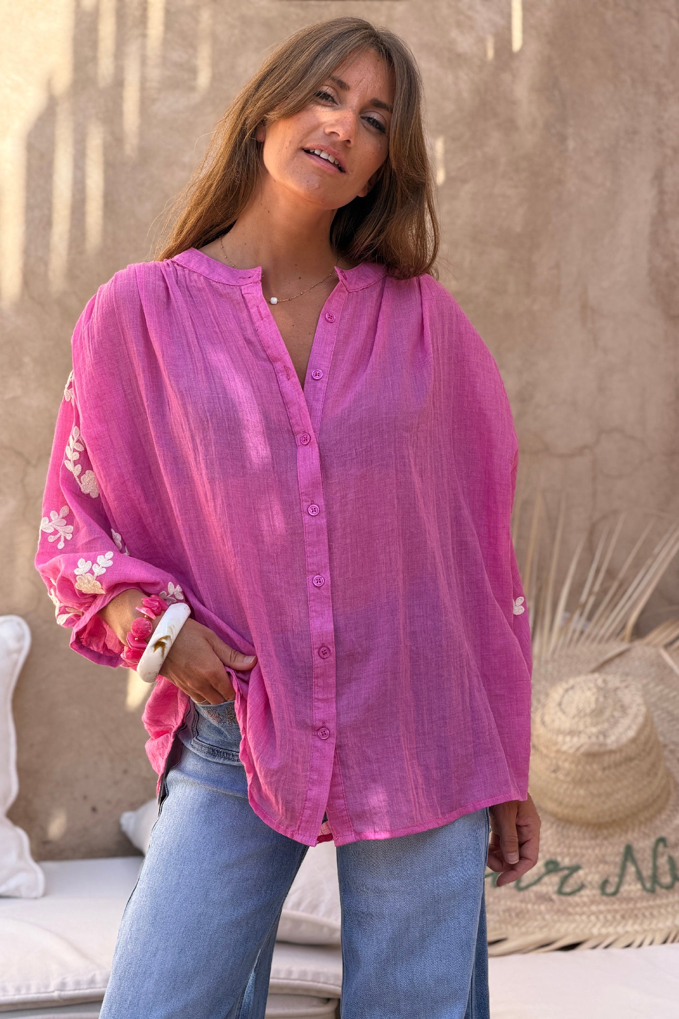 Fuchsia Floral Applique Cotton Blouson Top 