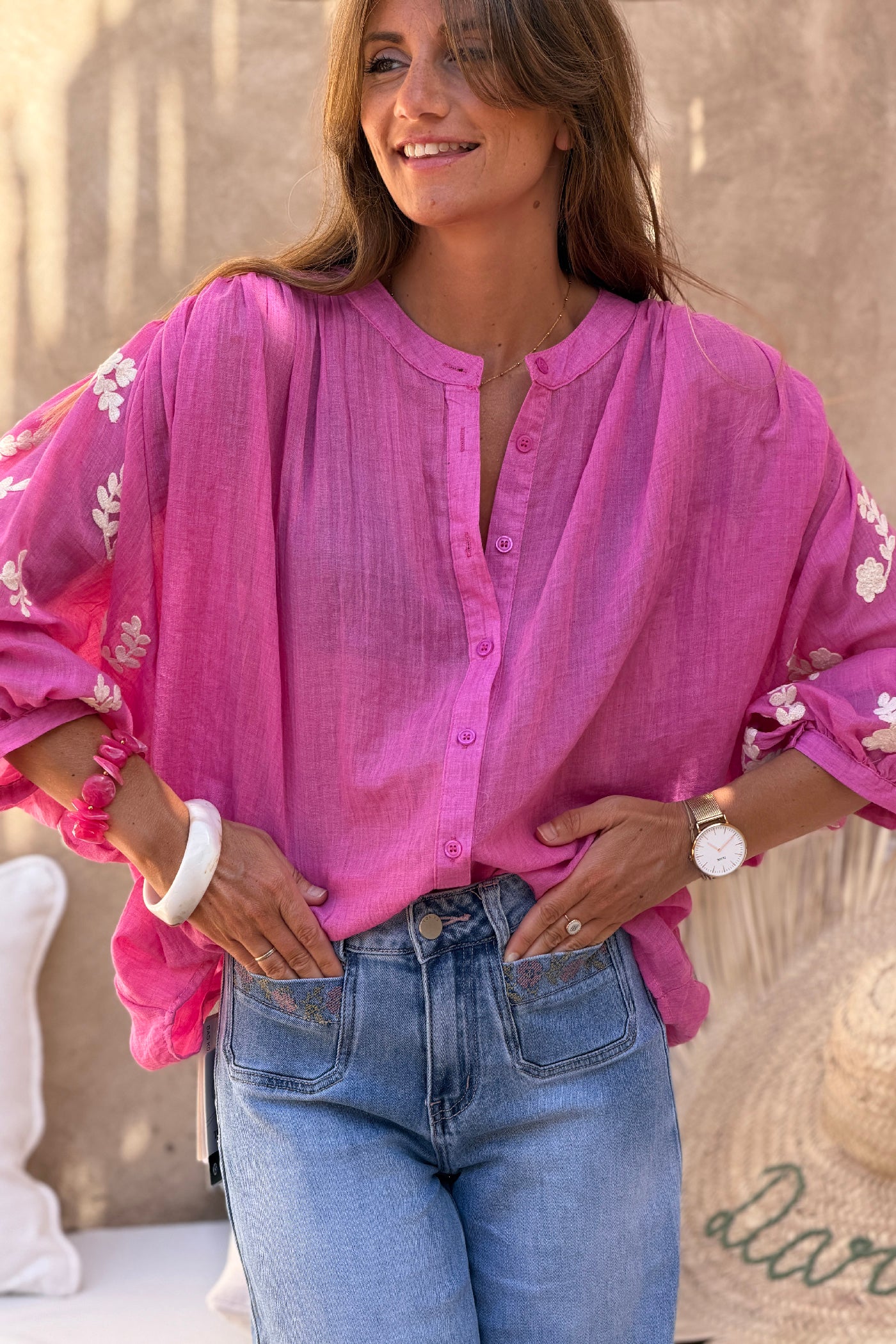 Fuchsia Floral Applique Cotton Blouson Top 