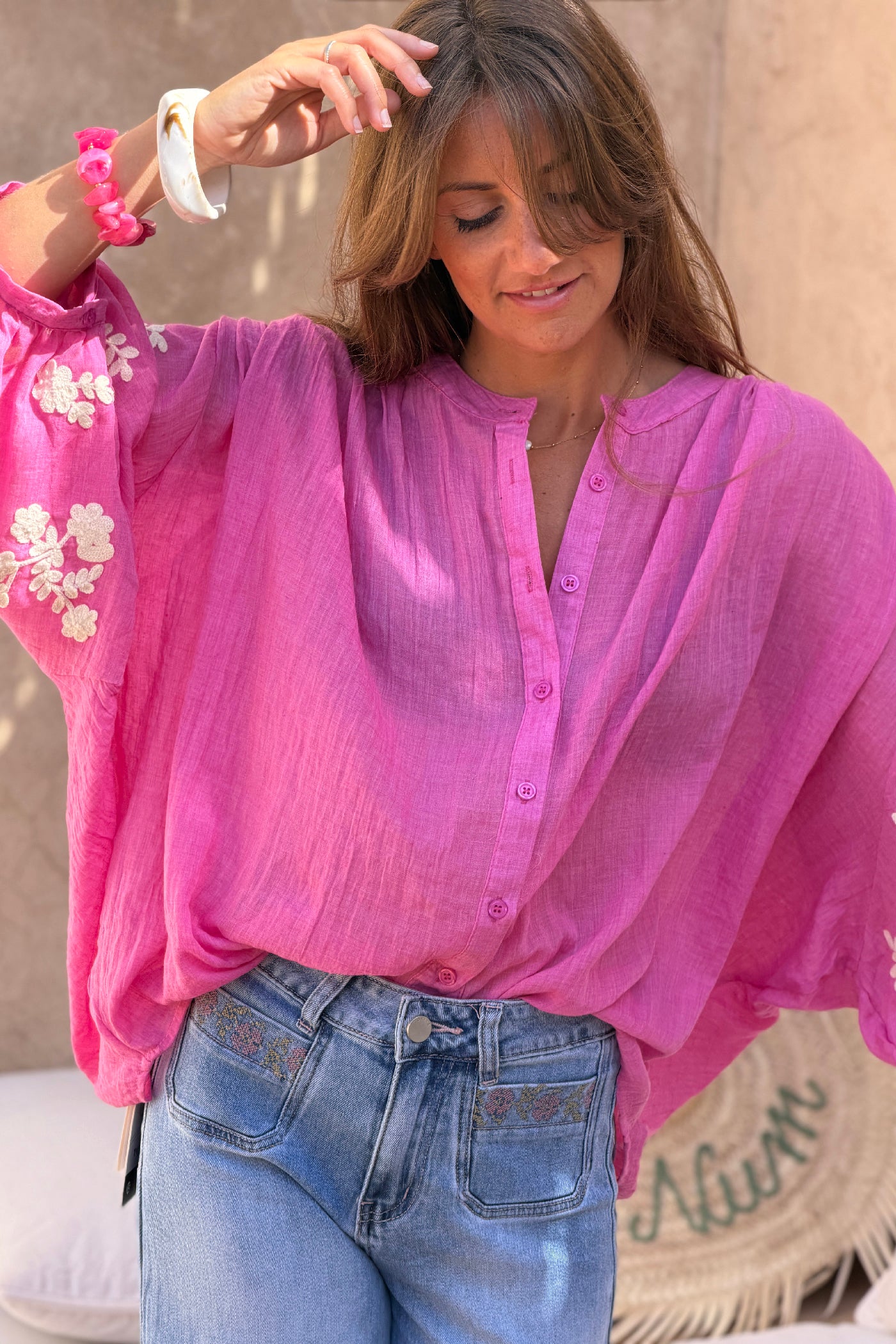 Fuchsia Floral Applique Cotton Blouson Top 