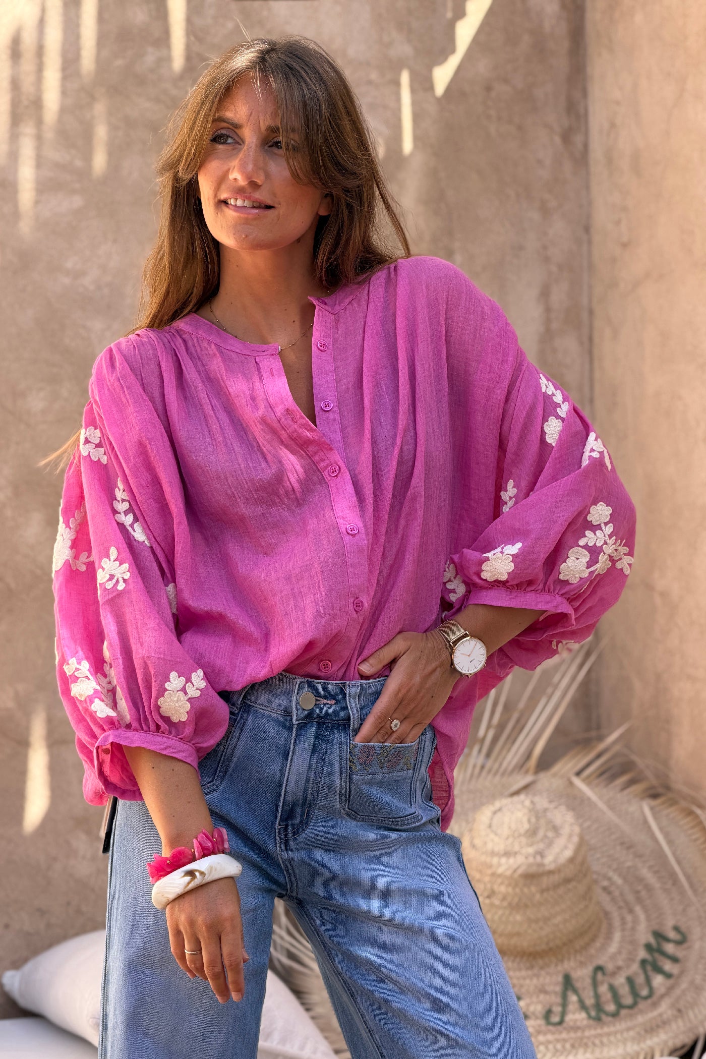 Fuchsia Floral Applique Cotton Blouson Top 