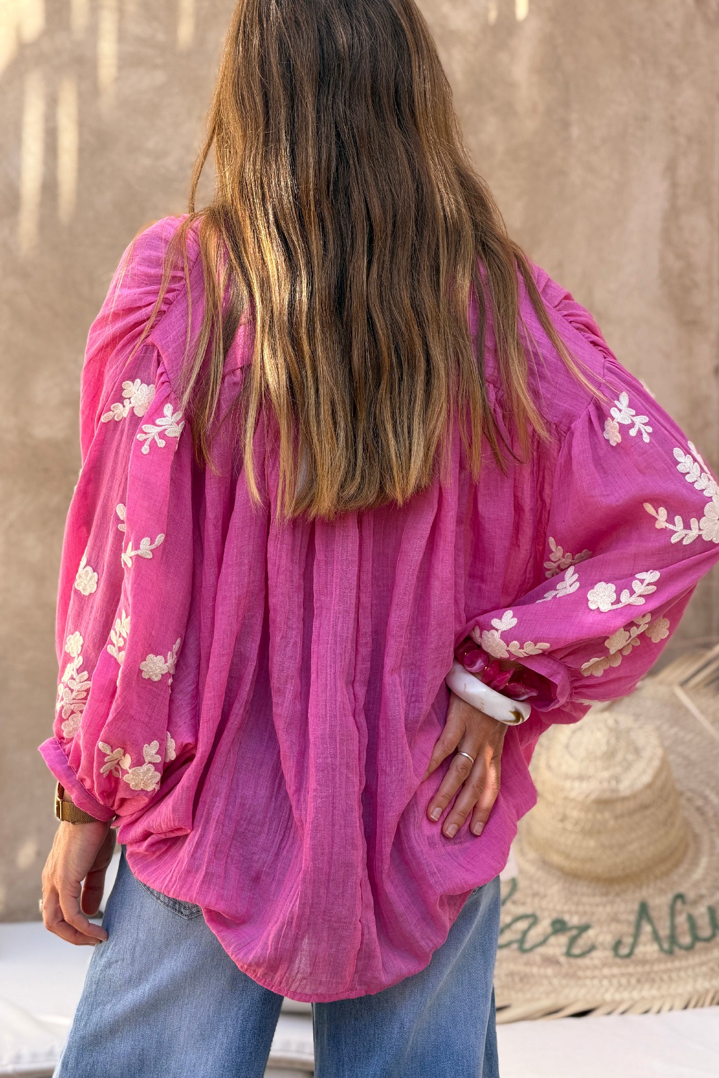 Fuchsia Floral Applique Cotton Blouson Top 