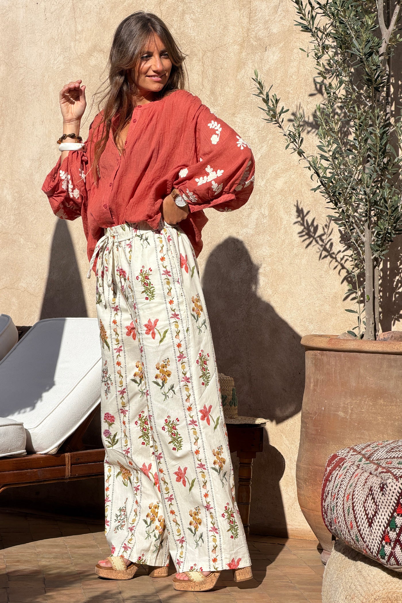 Terracotta Floral Applique Cotton Blouson Top 