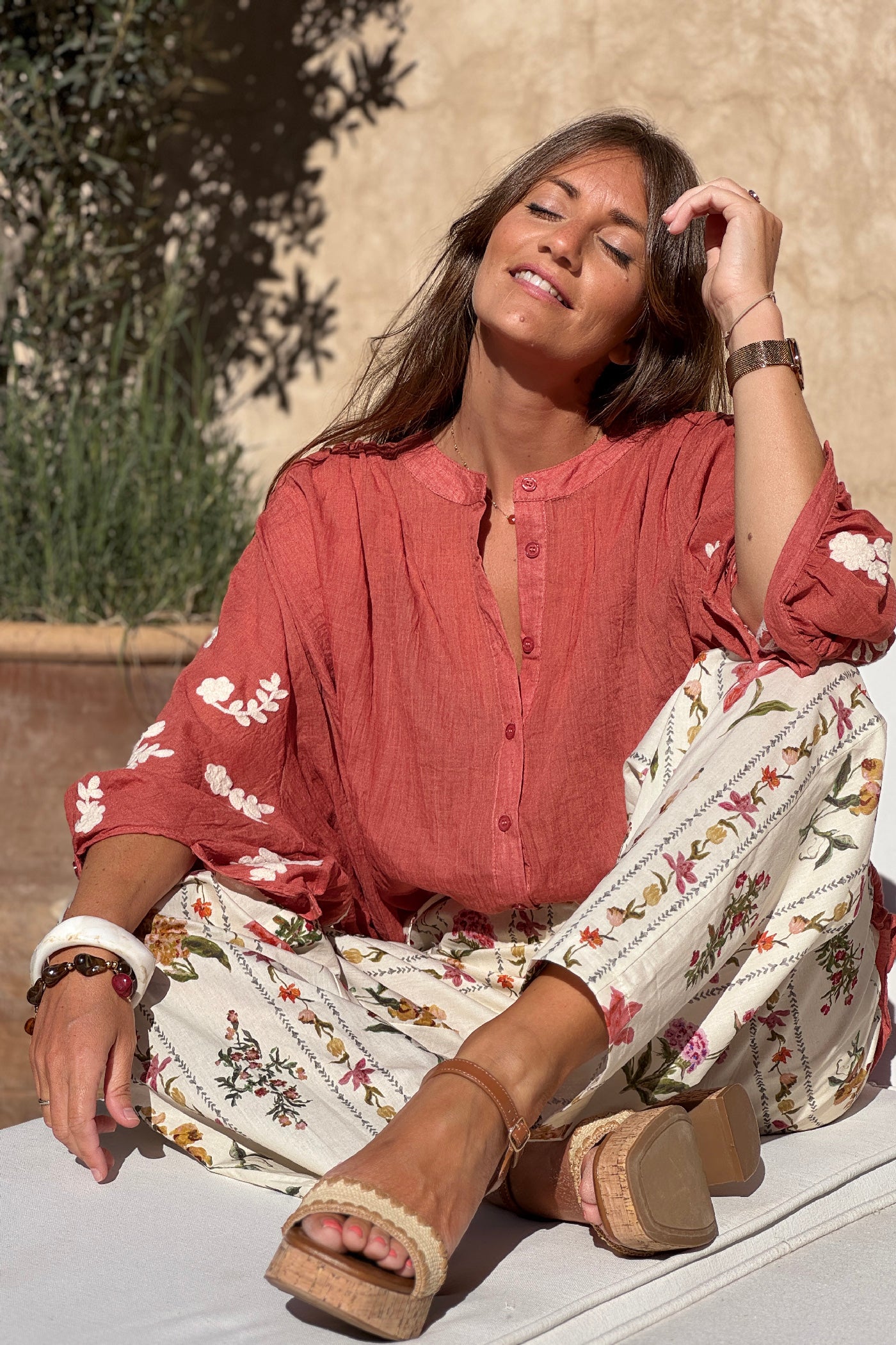 Terracotta Floral Applique Cotton Blouson Top 