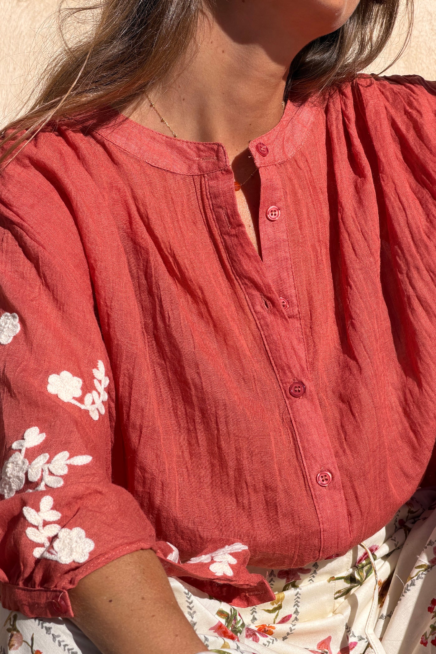 Terracotta Floral Applique Cotton Blouson Top 