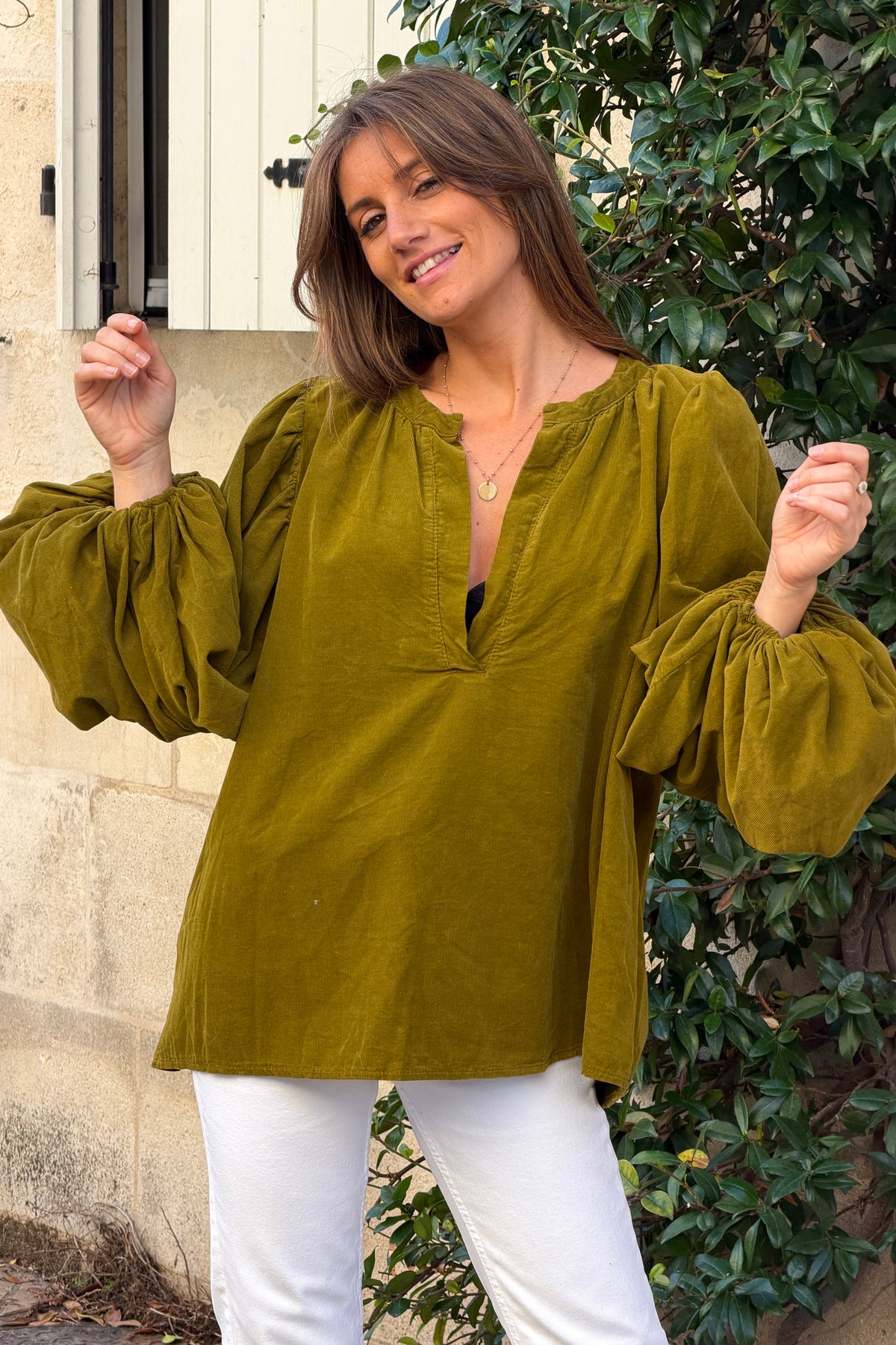 Moss Green Corduroy Peasant Blouse
