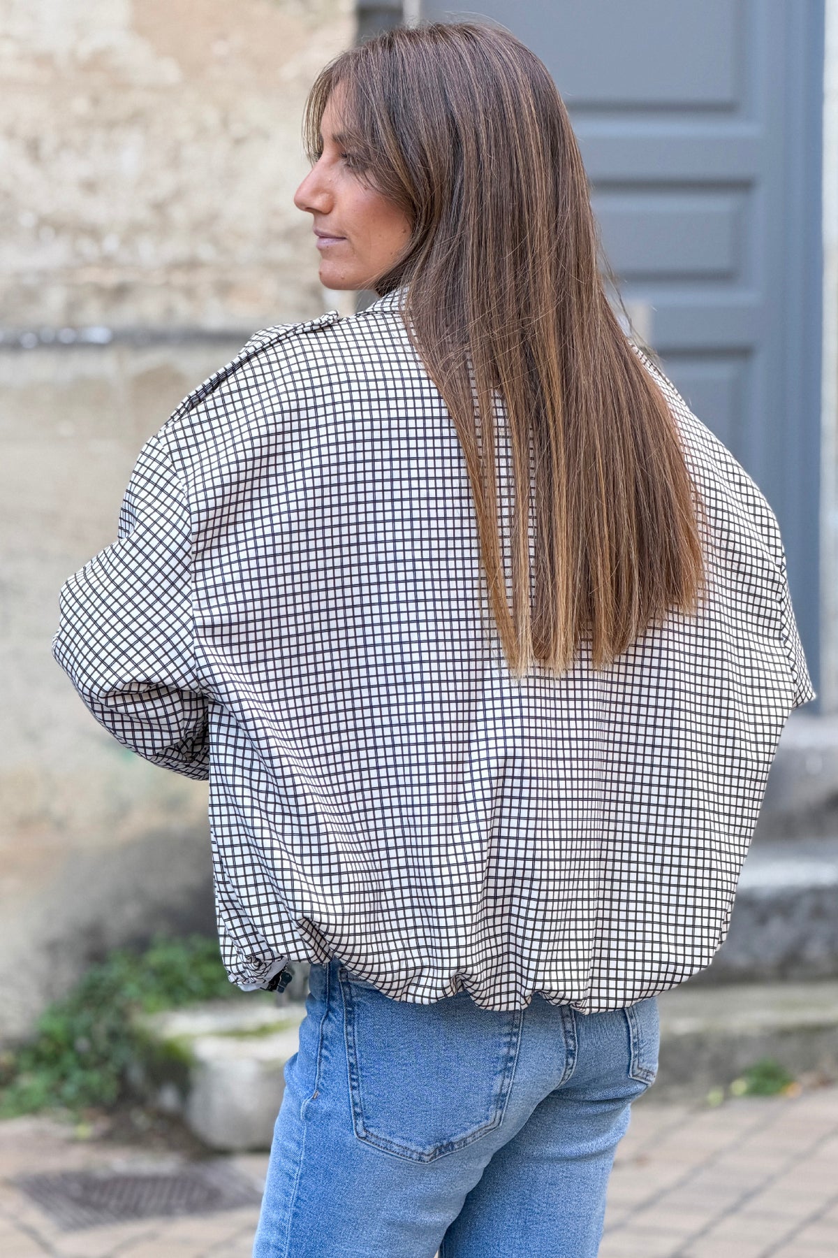 Veste à carreaux vichy blanc et marron fermeture zip et col