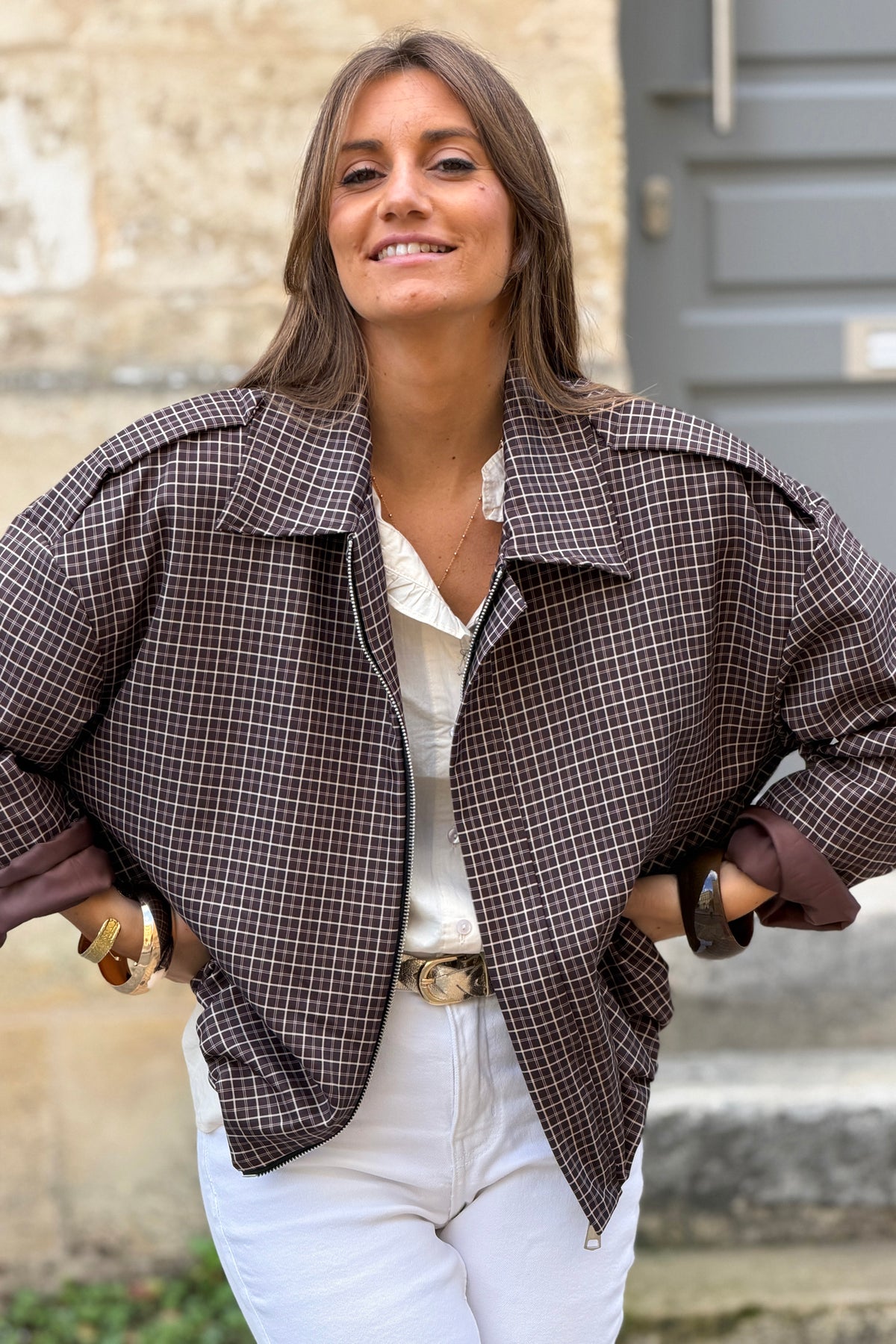 Veste à carreaux vichy marron fermeture zip et col