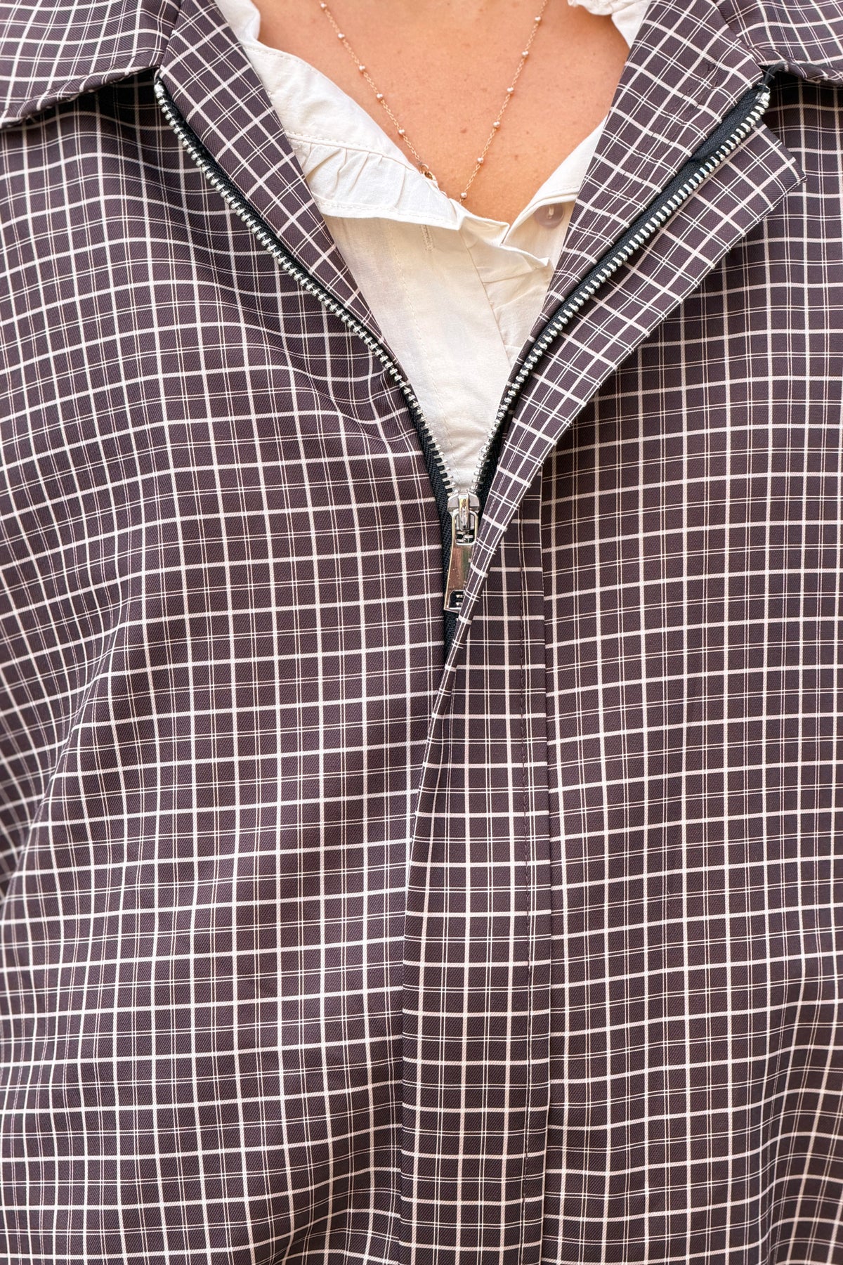 Veste à carreaux vichy marron fermeture zip et col