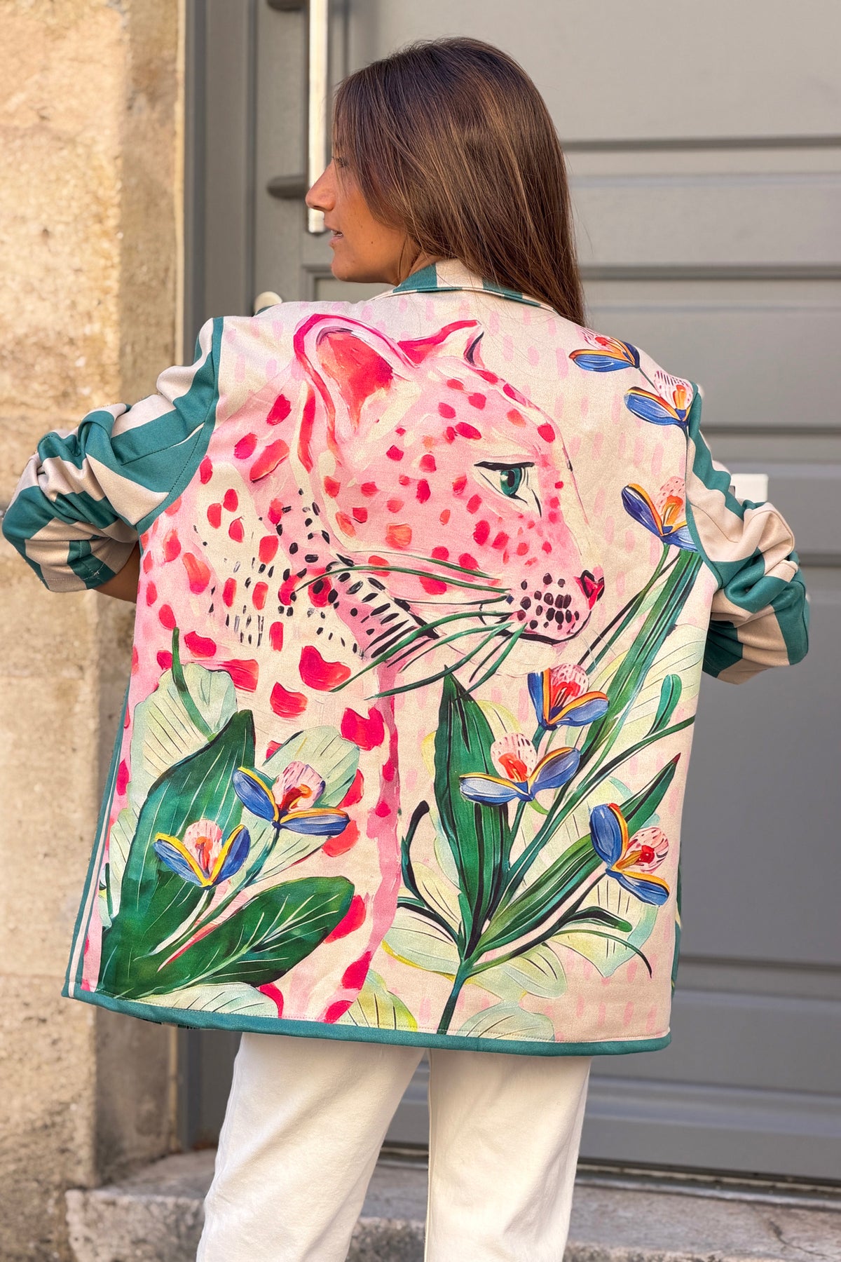 Veste blazer souple en suédine rayures turquoises imprimé fleurs et léopard