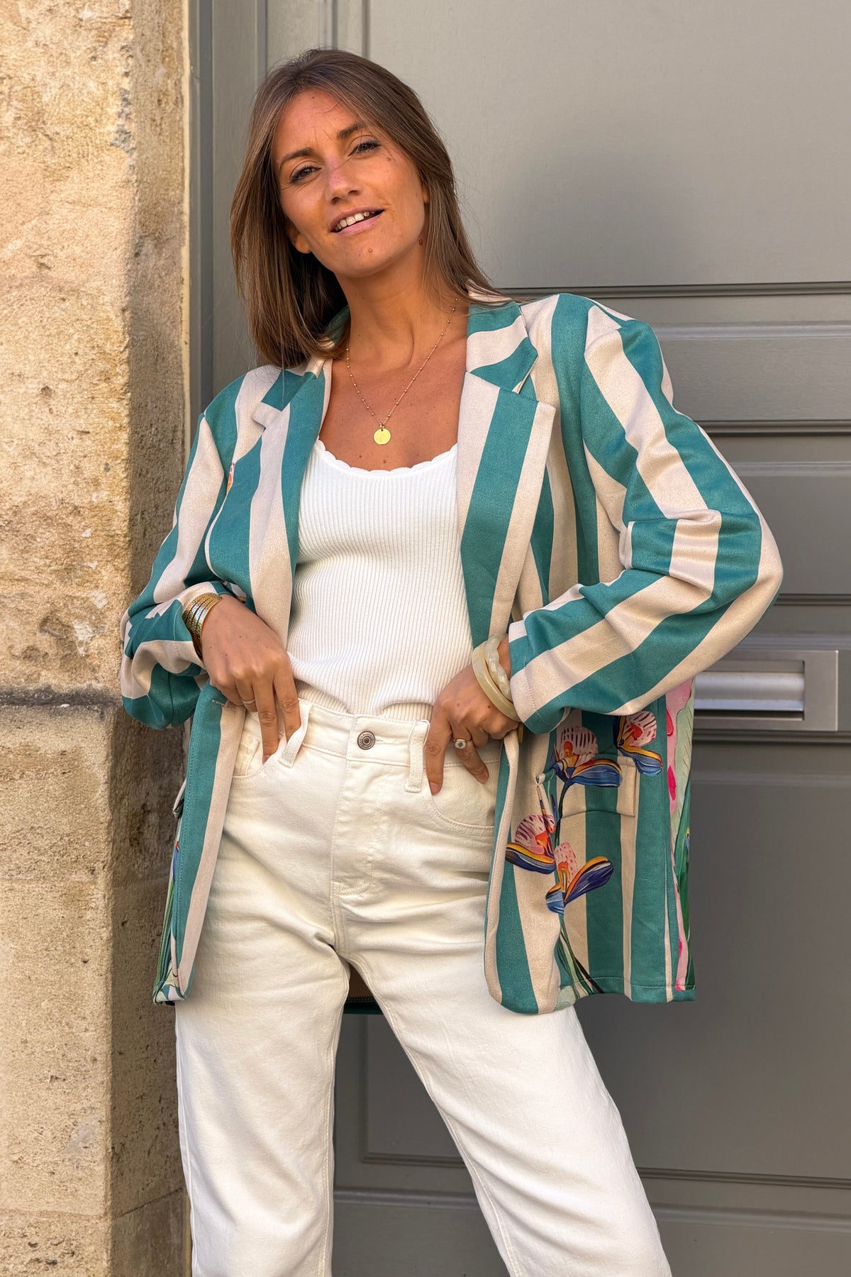 Veste blazer souple en suédine rayures turquoises imprimé fleurs et léopard