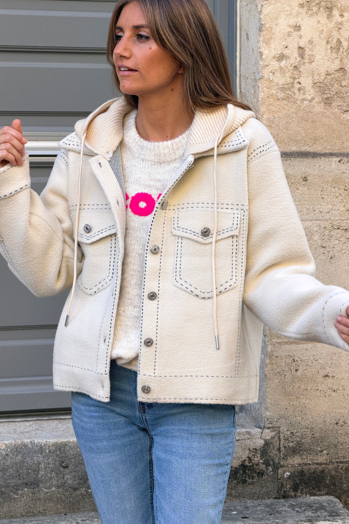Cream Suedette Jacket with Ribbed Hoodie
