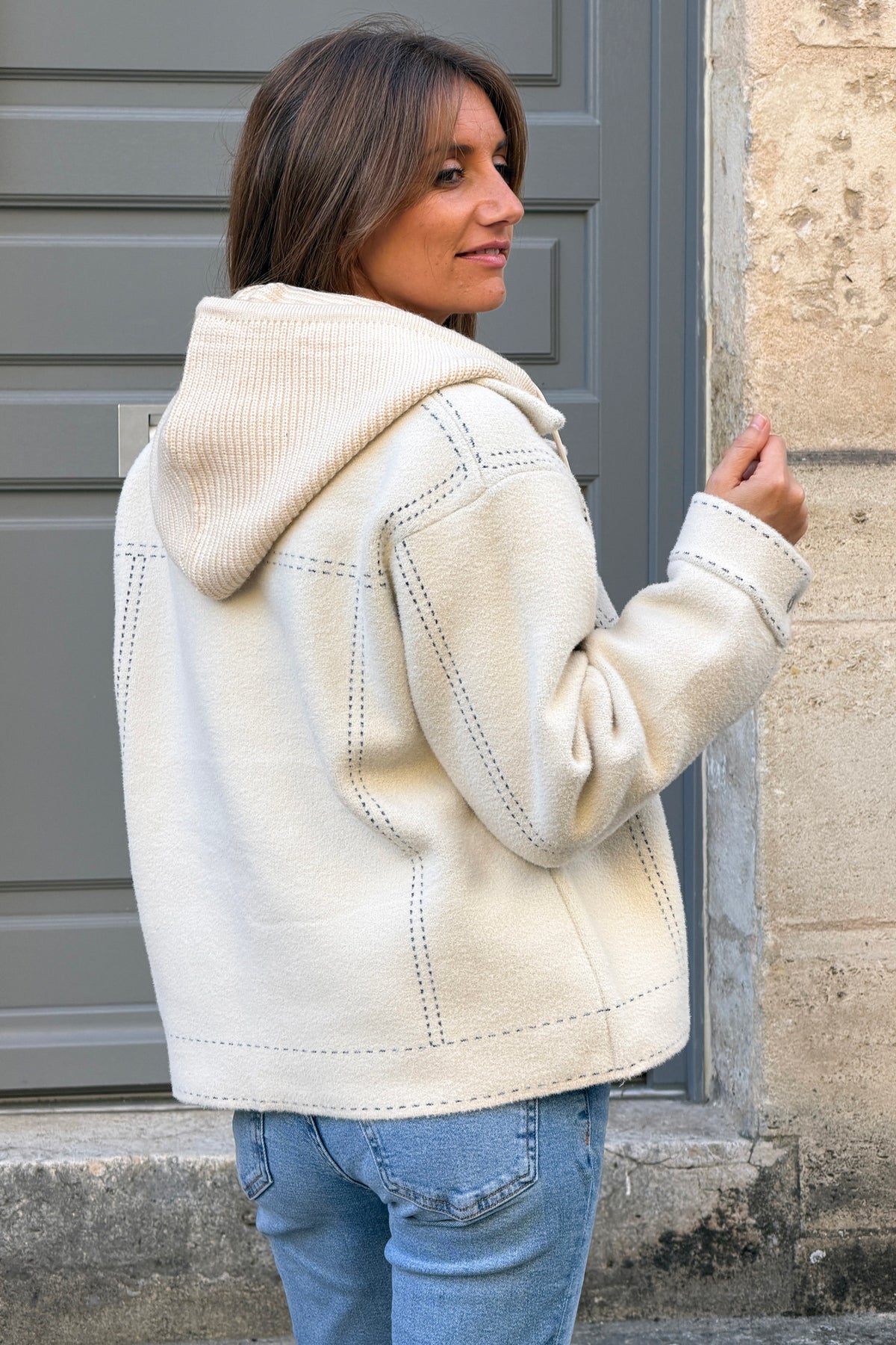 Cream Suedette Jacket with Ribbed Hoodie