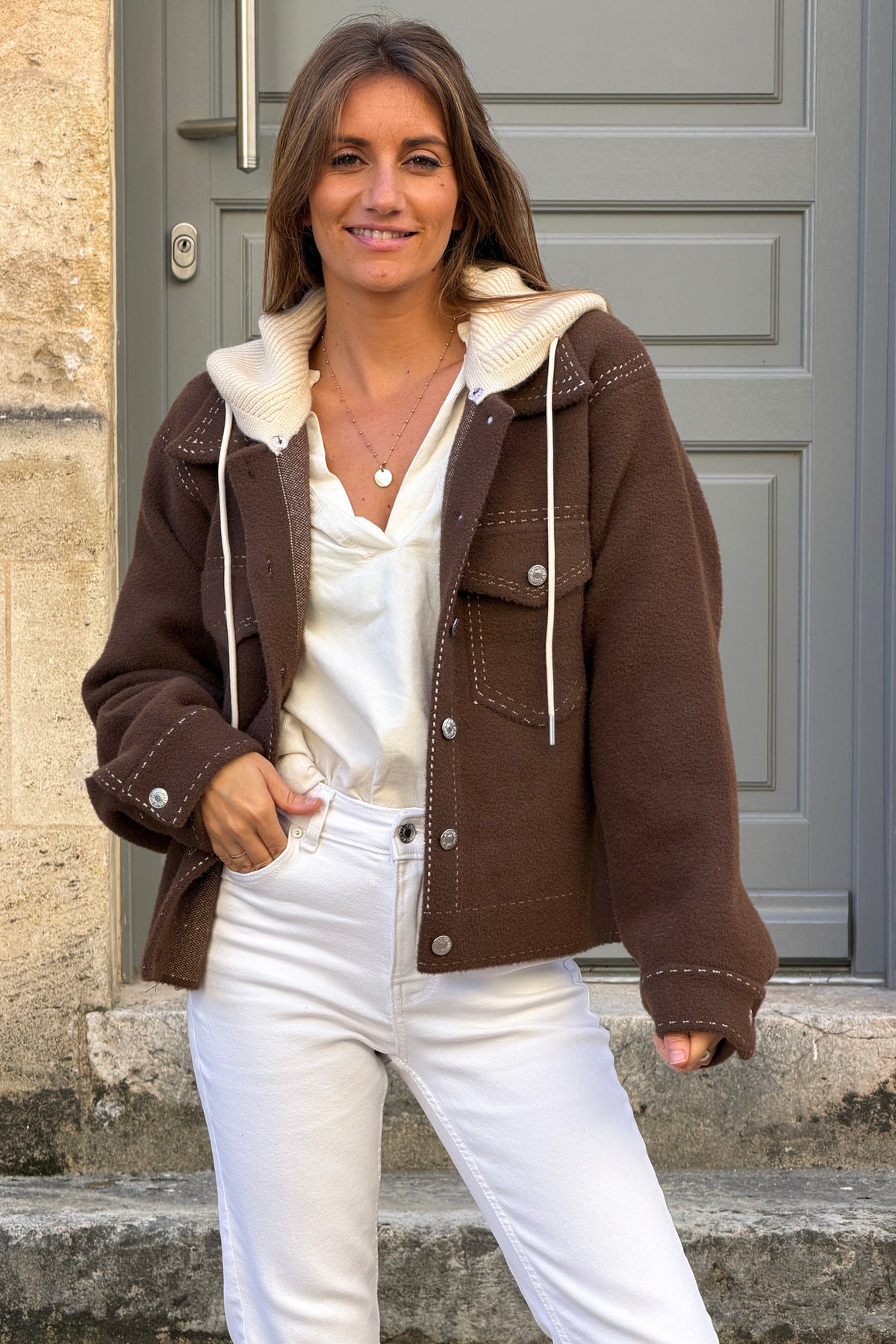 Chocolate Brown Suedette Jacket with Ribbed Hoodie