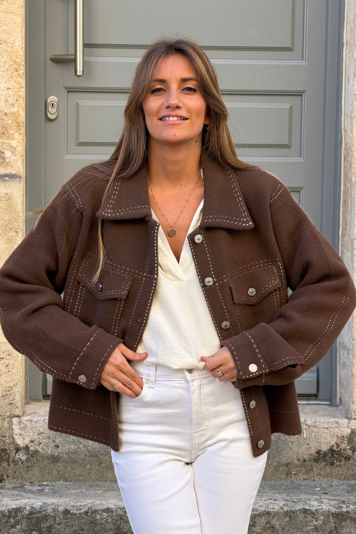 Chocolate Brown Suedette Jacket with Ribbed Hoodie
