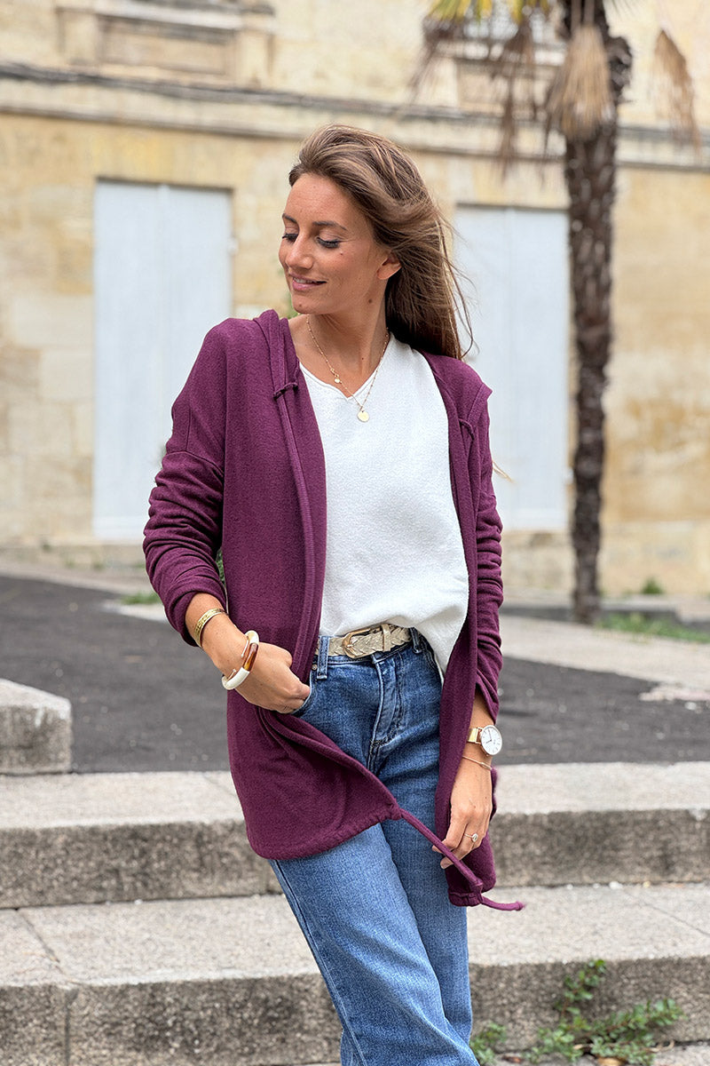 Burgundy Knit Hooded Cardigan