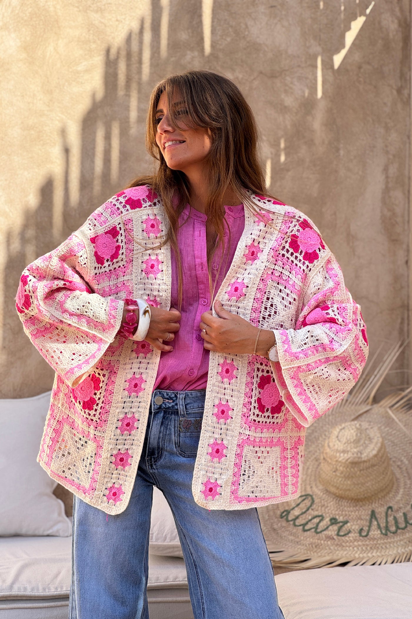 Pink Crochet Blanket Square Cardigan