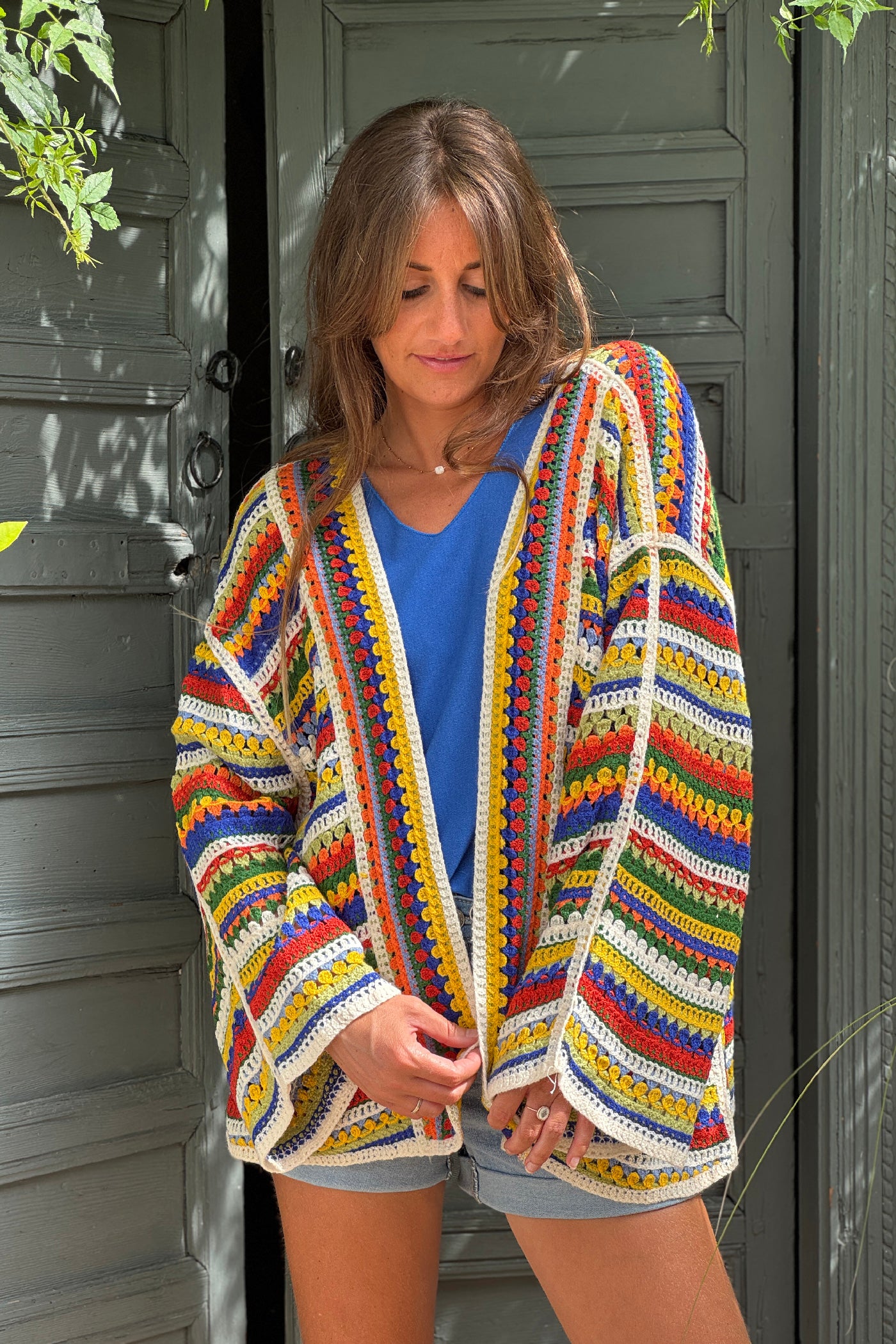  Multicolor Rainbow Summer Stripes Crochet Cardigan