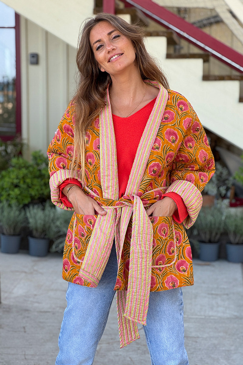 Mustard Floral Quilted Kimono Jacket 