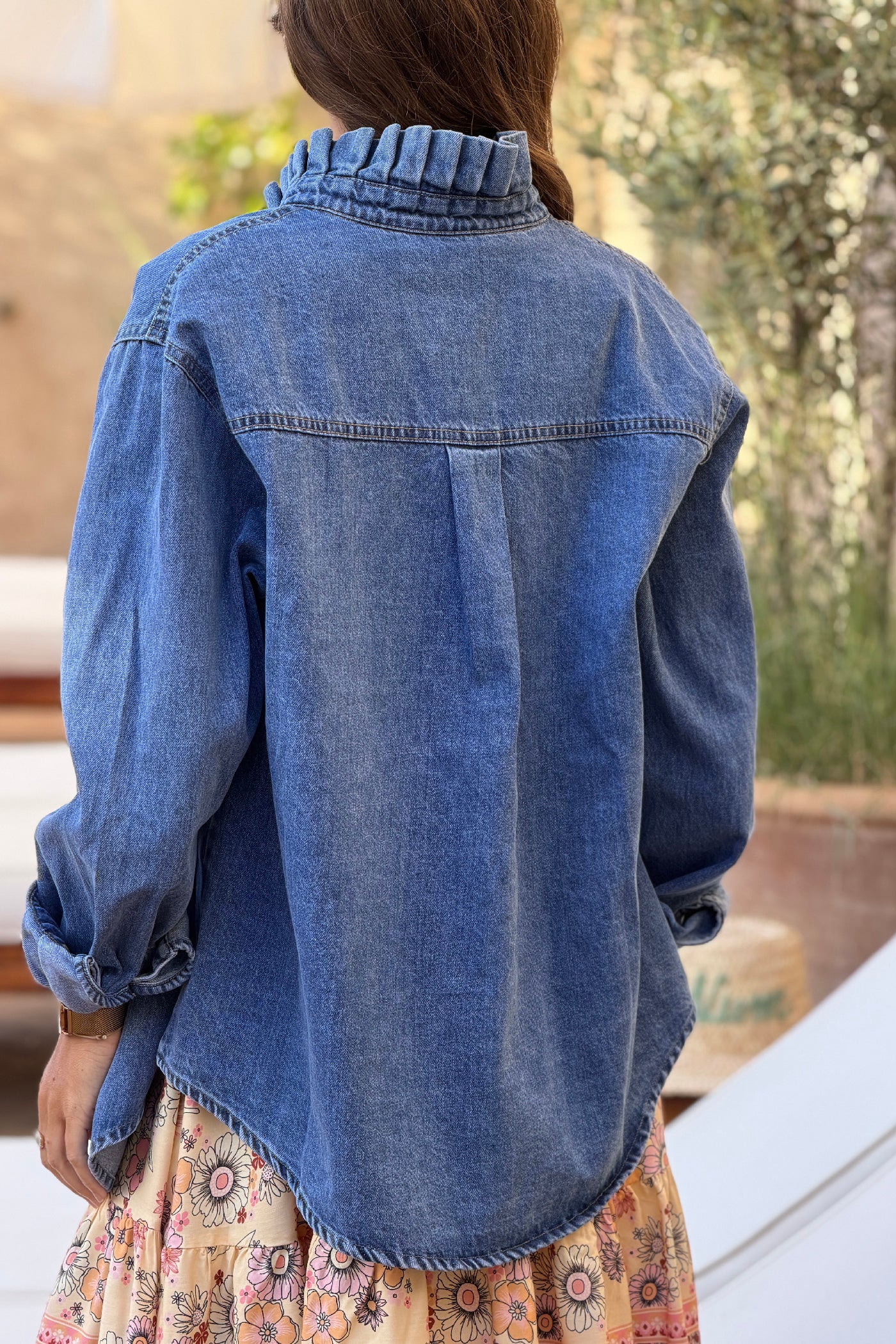 Blue jean Ruffled Collar Denim Jacket
