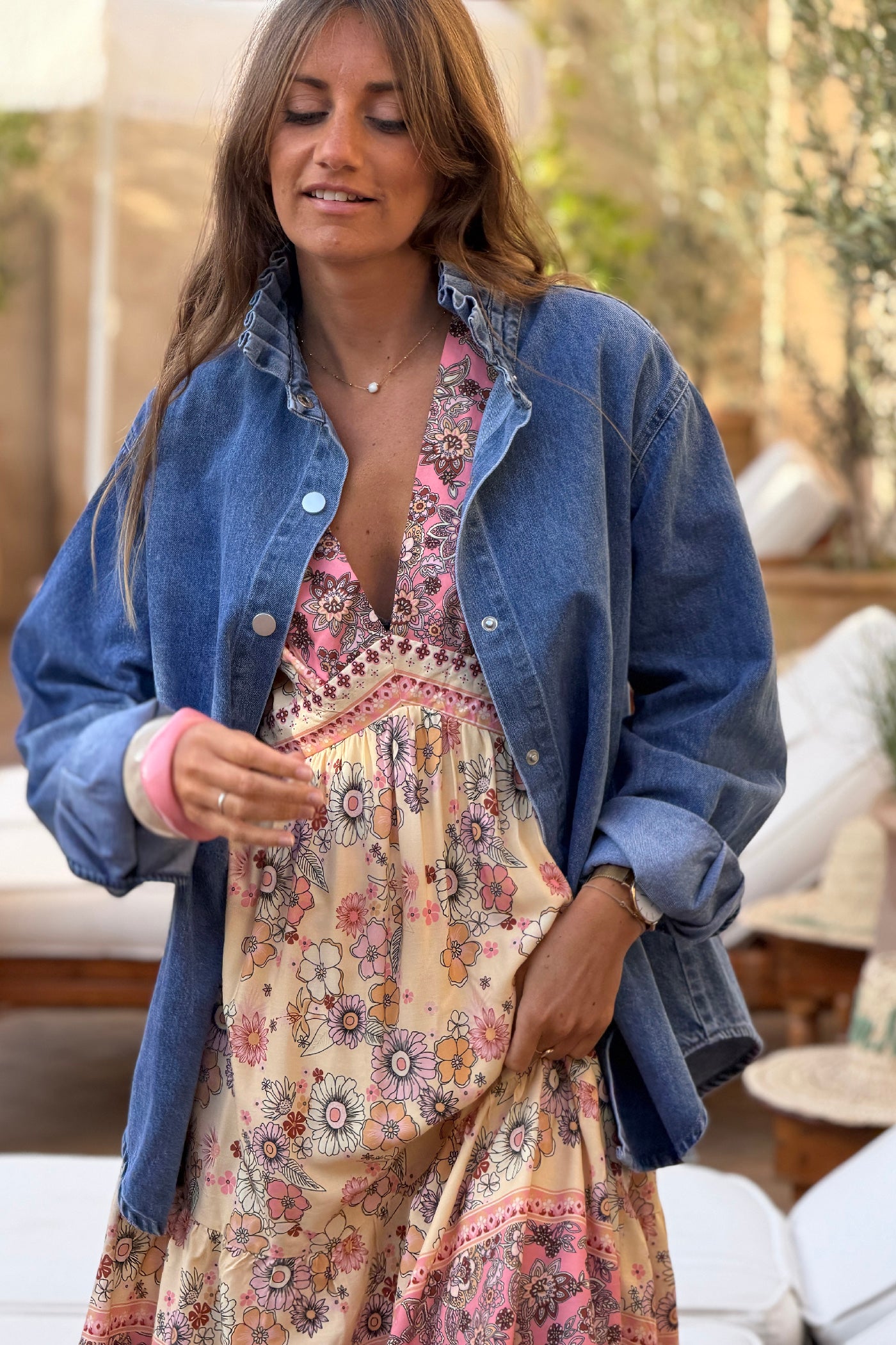 Blue jean Ruffled Collar Denim Jacket
