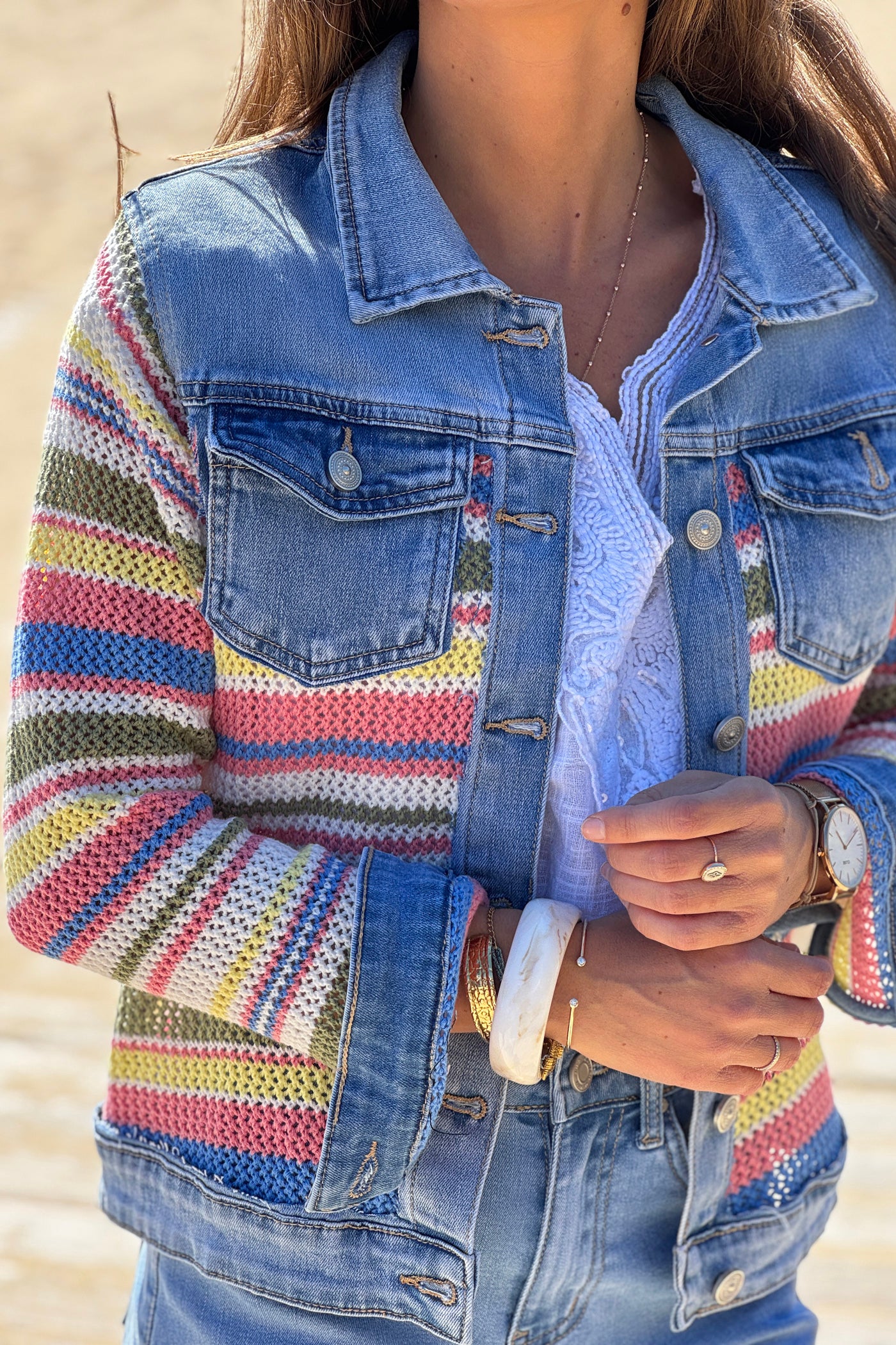 Blue Jean Denim and Crochet Stripe Jacket
