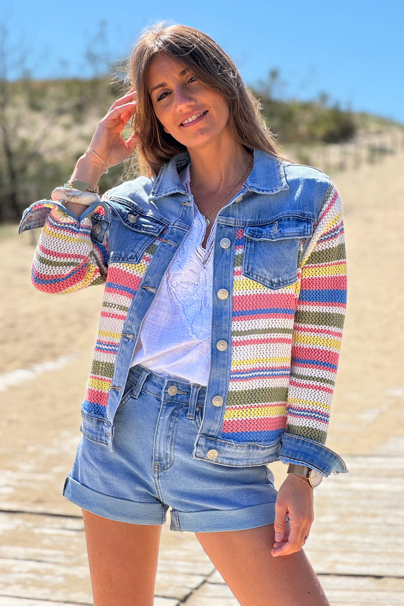 Blue Jean Denim and Crochet Stripe Jacket
