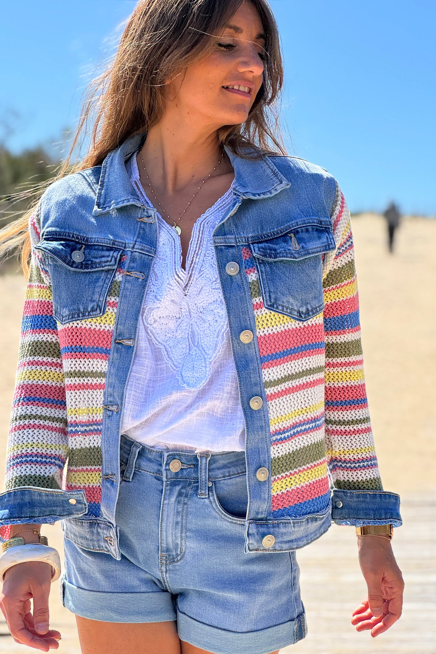 Blue Jean Denim and Crochet Stripe Jacket
