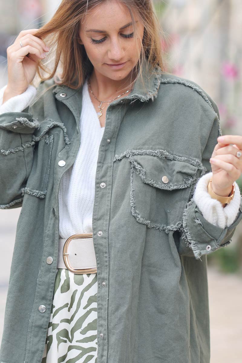 Veste en jean kaki souple petites franges dos Rock & Roll eponge e071 (1)