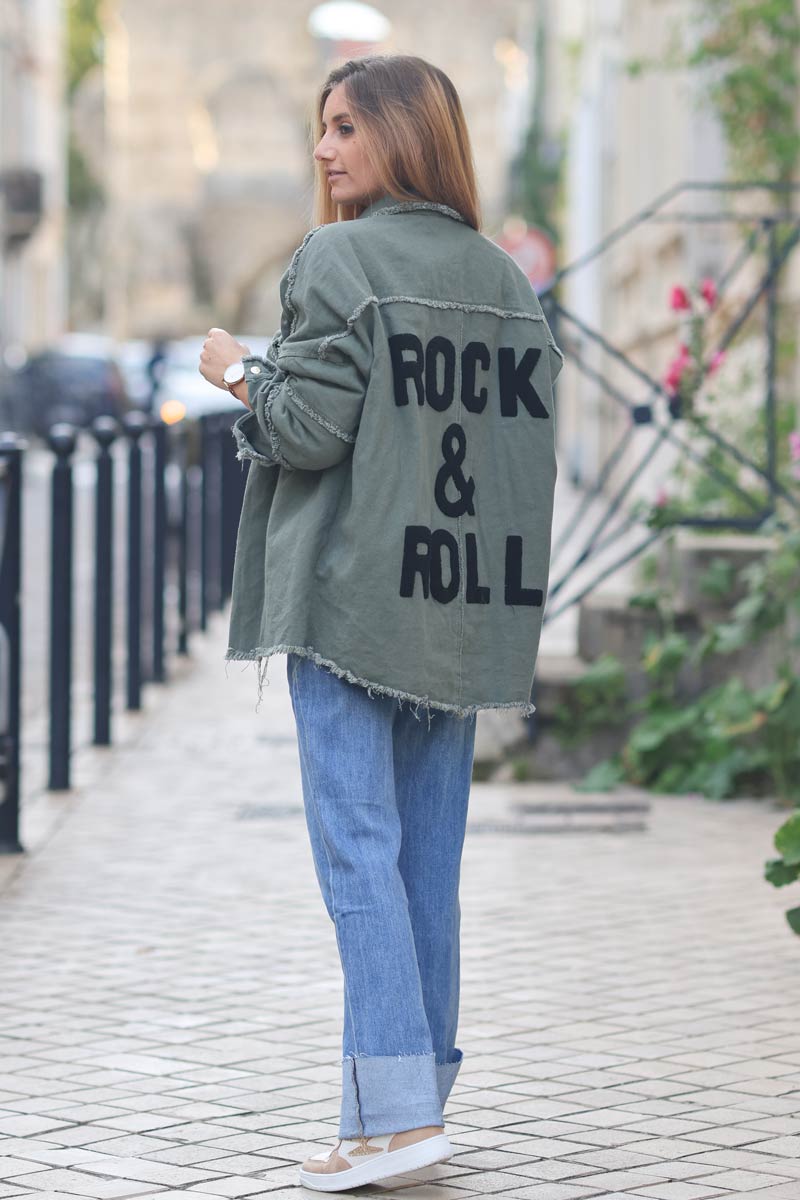 Veste en jean kaki souple petites franges dos Rock & Roll eponge e071 (1)