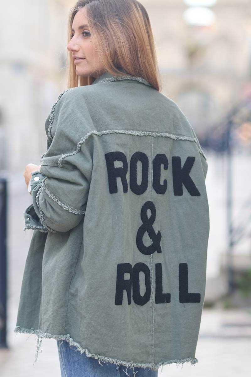 Veste en jean kaki souple petites franges dos Rock & Roll eponge e071 (1)