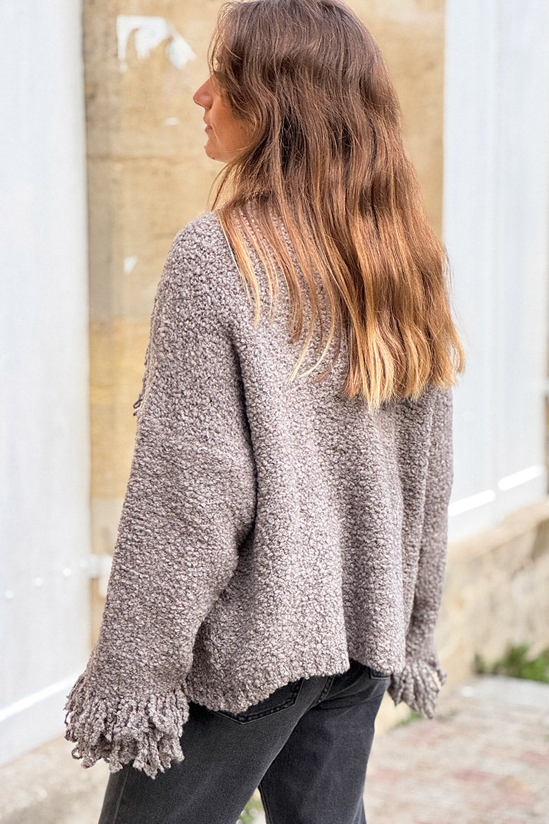 Gray Boucle Fringe Cardigan