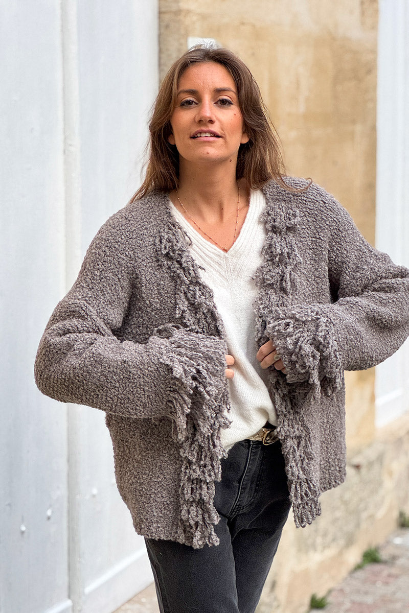 Gray Boucle Fringe Cardigan