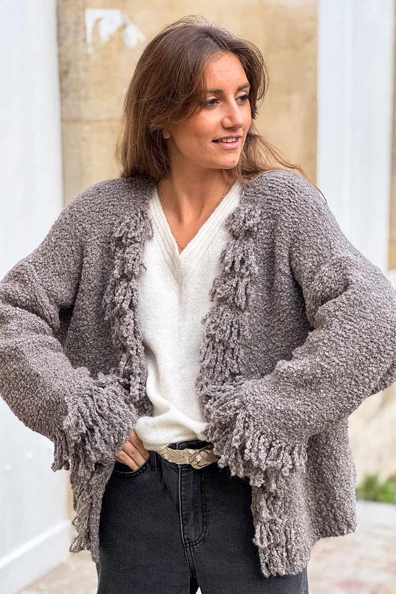 Gray Boucle Fringe Cardigan