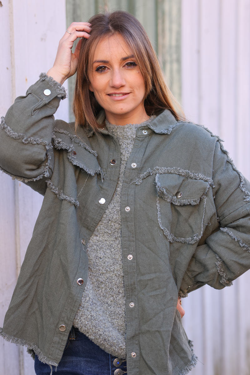 Khaki denim oversized jacket 'ROCK AND ROLL' with raw seams