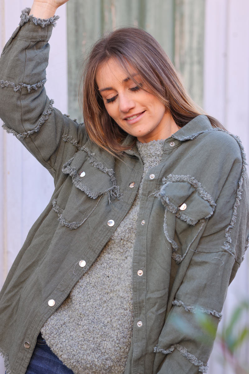 Veste en jean kaki oversize finitions franges Rock and Roll en bouclettes orange