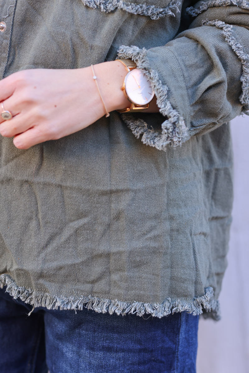 Veste en jean kaki oversize finitions franges Rock and Roll en bouclettes orange