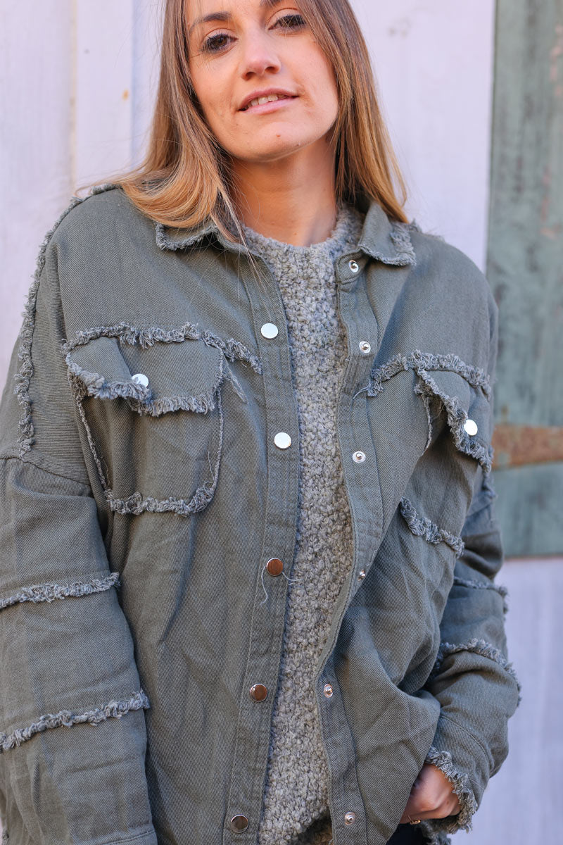Veste en jean kaki oversize finitions franges Rock and Roll en bouclettes orange